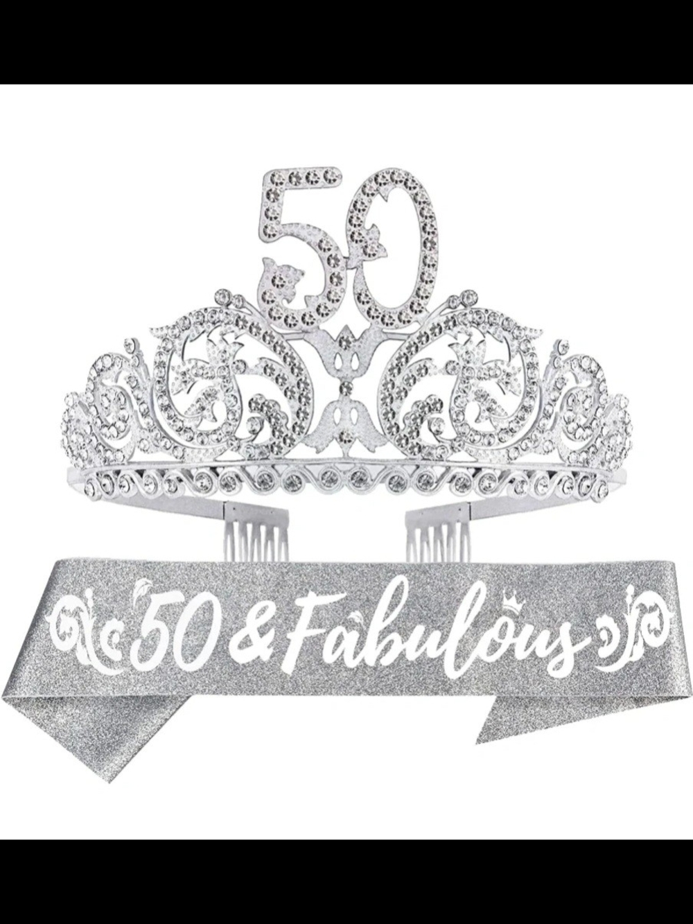 Silver "50 & Fabulous" Rhinestone Tiara and Sash Set